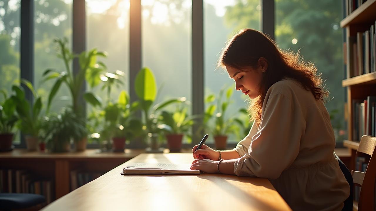 Студент сосредоточенно изучает грамматику английского языка в современной библиотеке