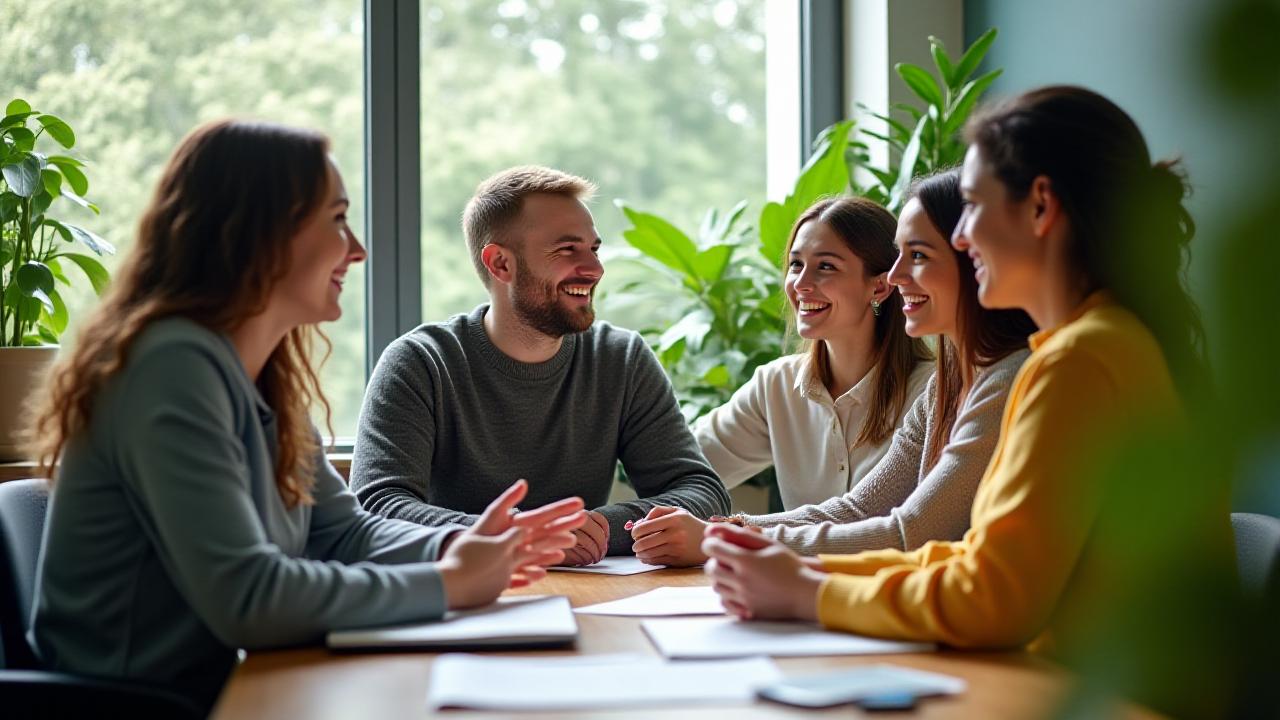 Группа студентов разных национальностей весело обсуждает проект на уроке английского